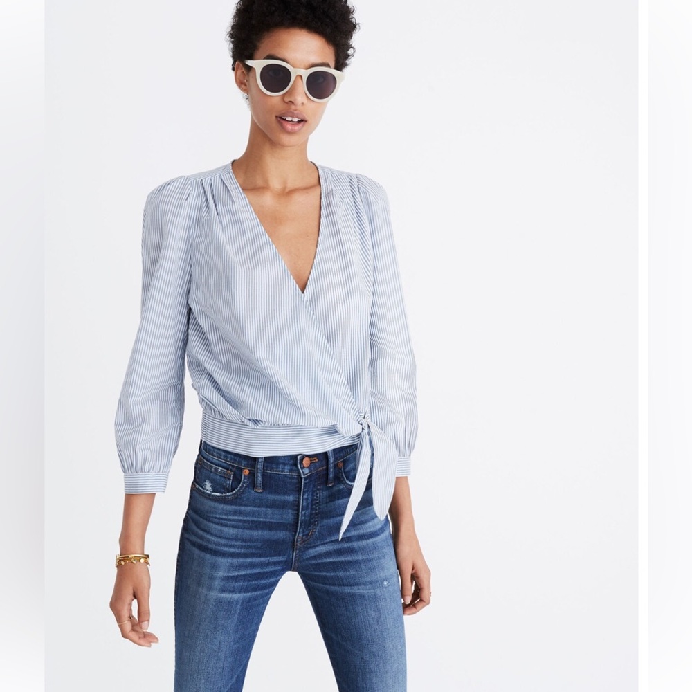 (SEA) Madewell Light Blue and White Striped Wrap Blouse